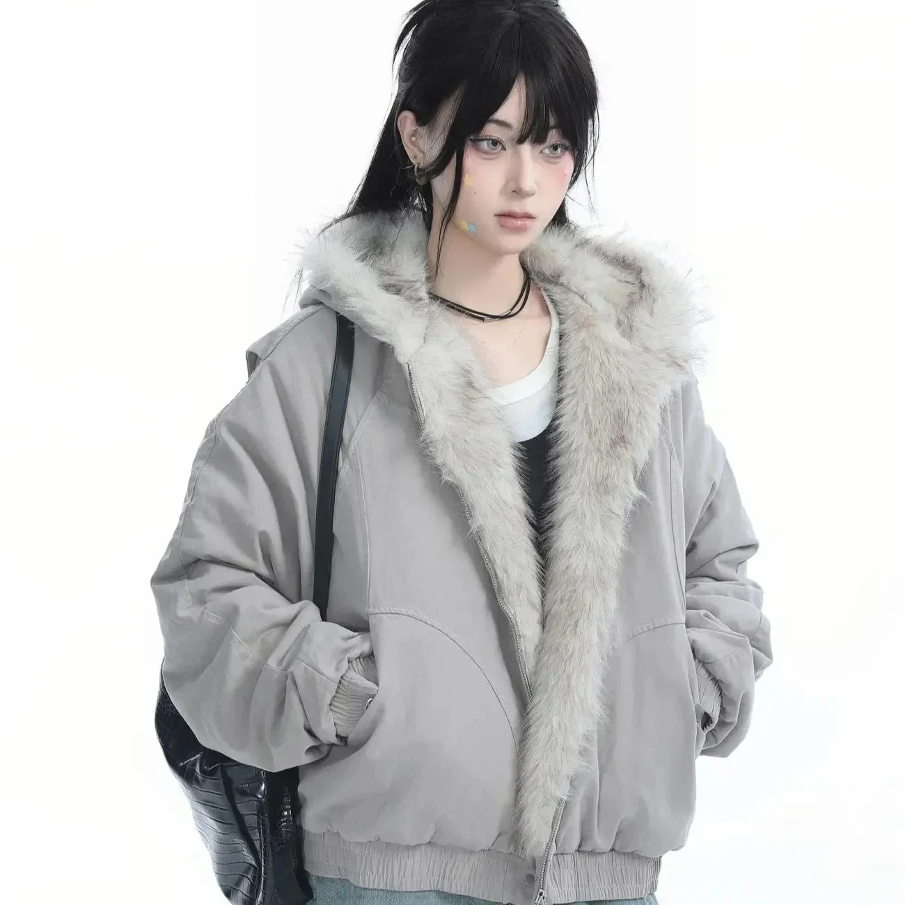 أنثى زائد المخملية الدافئة عارضة أفخم أبلى Y2K فو الفراء طوق مقنعين القطن وسادة مبطنة المرأة الرجعية الشارع الشهير معطف فضفاض #3