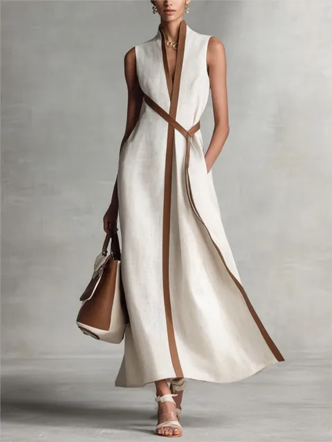 Vestido largo ajustado sin mangas con cordones color contrastante