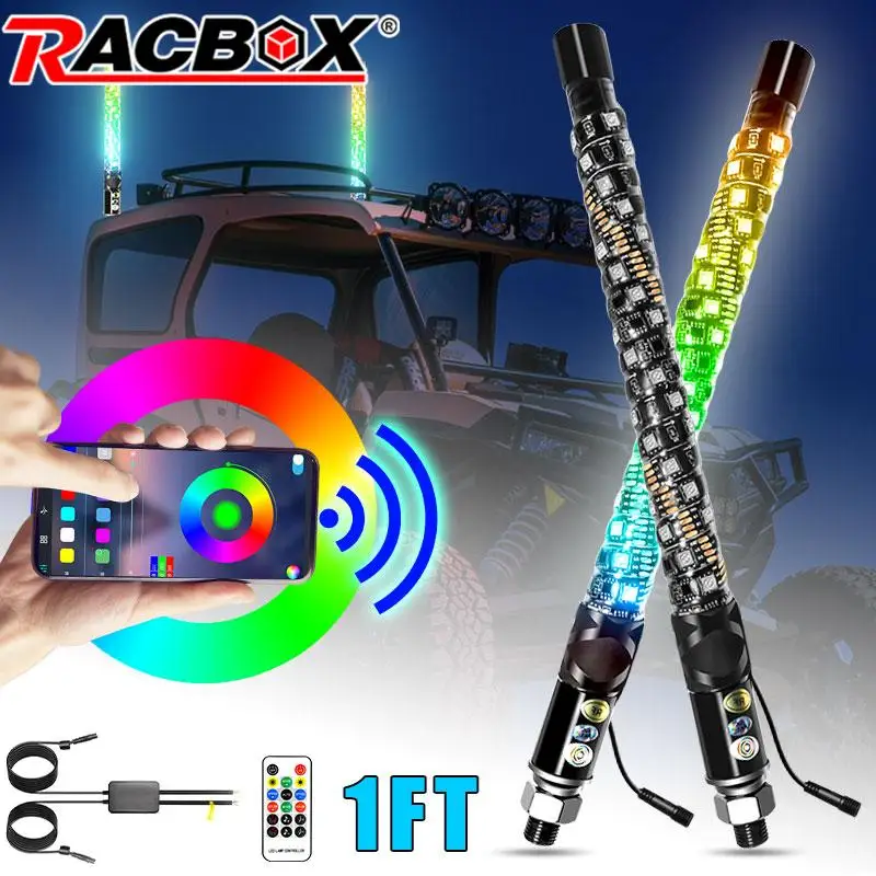 Pair 1FT LED Whip Lights Remote Control Flagpole Antenna Whips For Can-am X3 RZR UTV ATV Off Road Truck Sand Buggy Dune 12V