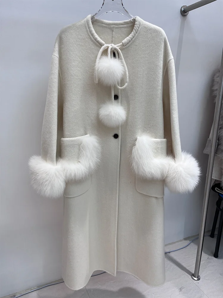 

Women Winter Natural Real Fox Fur Cuffs Warm Woolen Jacket Female Long Loose Belt Luxury Ladies Jackets Streetwear