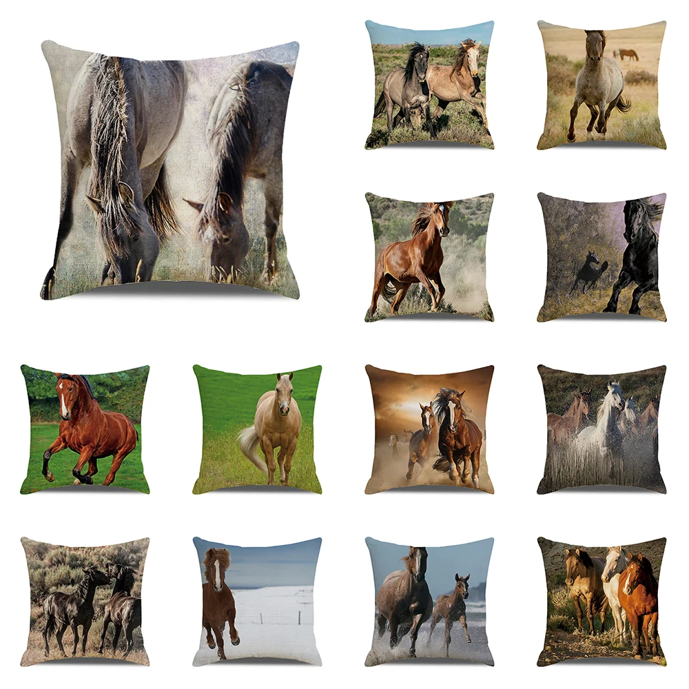 Running Horse Print Pattern Cushion Cover Home Living Room Sofa Decoration Square Polyester Throw Pillow