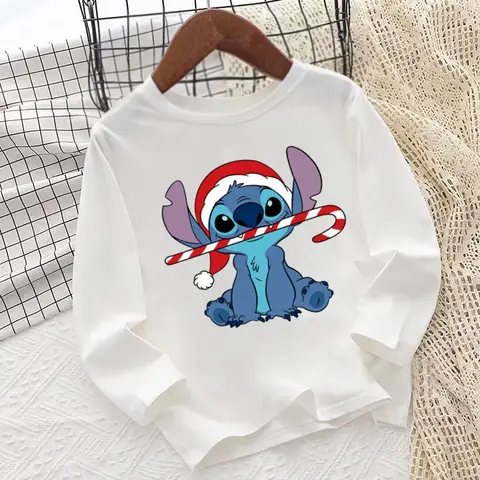 Merry Christmas Lilo & Stitch Santa Print Cartoon Kids T shirt Long Sleeve Autumn Baby Boys Girls Clothes Funny Children T-Shirt
