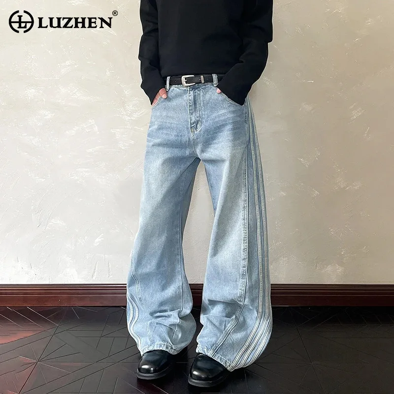 

LUZHEN модные градиентные потертые полосатые лоскутные мешковатые широкие повседневные джинсы мужские 2025 высококачественные прямые джинсовые брюки JY3852