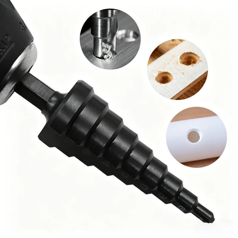 3-teiliges HSS-Stufenbohrer-Set mit gerader Nut, Sechskantschaft, Titanstahlbeschichtung, für Holz und Metall, Kegelbohrer, Elektrowerkzeuge – Detail 7