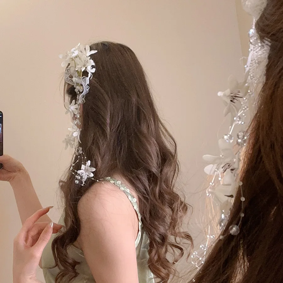 Stoffblumen-Haarspangen für Damen, Süße Spitzen-Schleife mit Langen Quasten, Entenschnabel-Clip im Fairycore-Lolita-Stil, Neue Haaraccessoires M – Detail 14