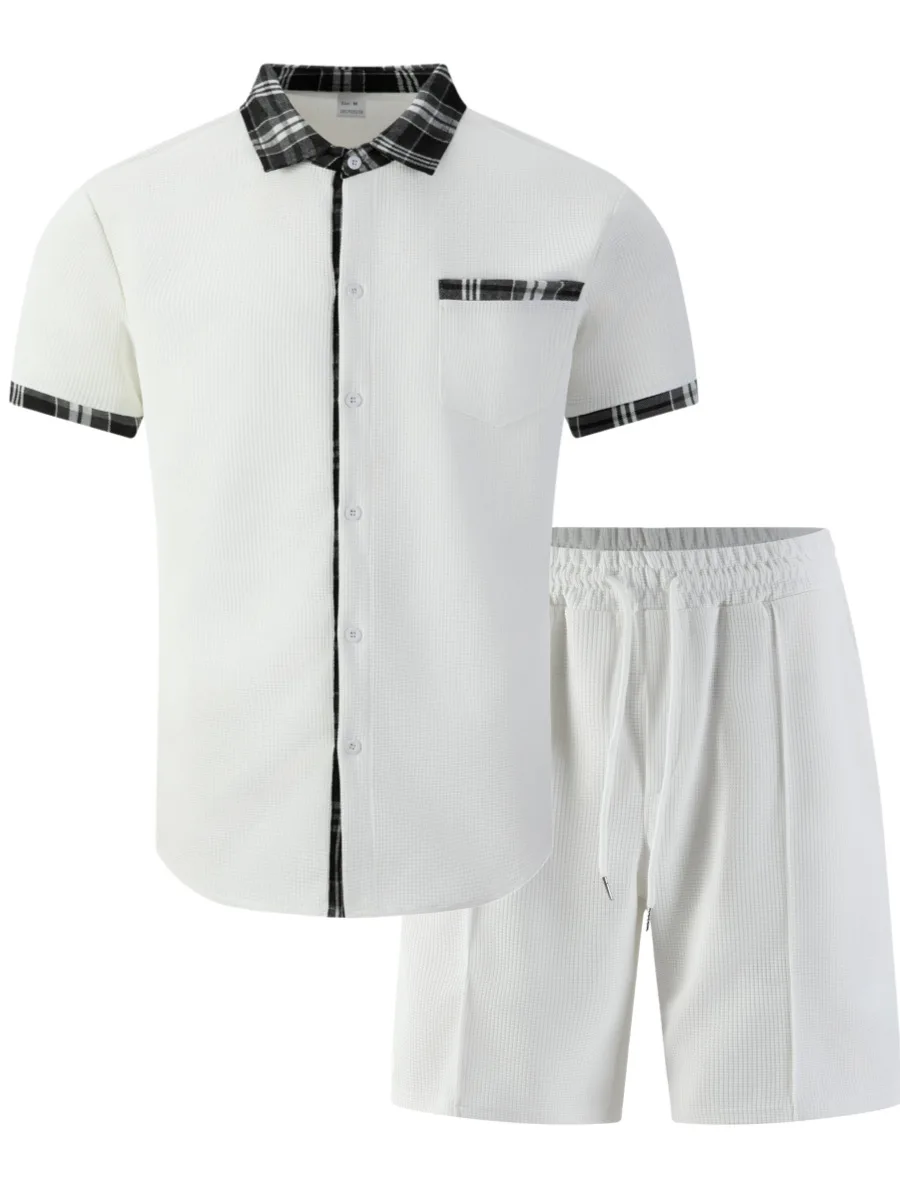 

New Men Breathable Waffle Fabric Plaid Splice Short Sleeve Open Shirt Shorts Set Summer Casual Fashion Daily Male Outfit