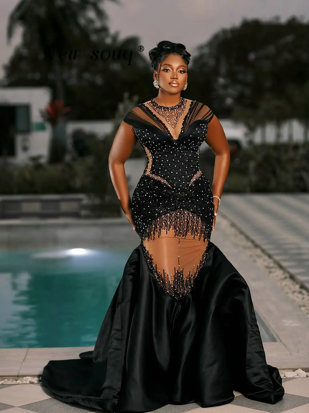 

Plus Size Aso Ebi Black Prom Dresses African Mermaid Sheer Neck Cut Out Beaded Sequined Evening Night Party Gowns Customized