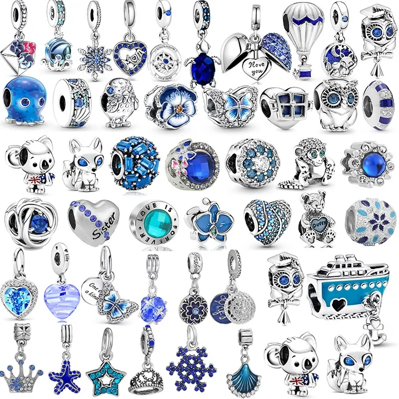 925 Plated Blue Animal Series Charm Beads Pendant Fit Pandora Necklace Bracelet Keychain DIY Fine Women Girls Jewelry