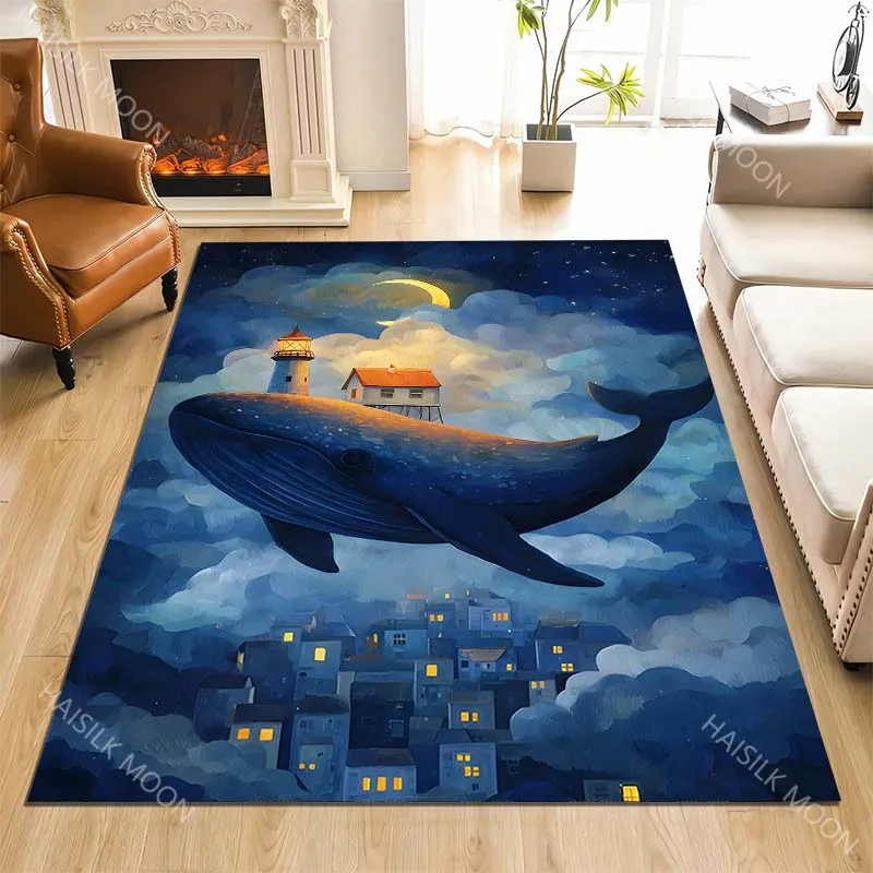 Whale carrying lighthouse house Print Carpet Rug for Living Room Bedroom Sofa Doormat Home Decor Non-slip Floor Mat