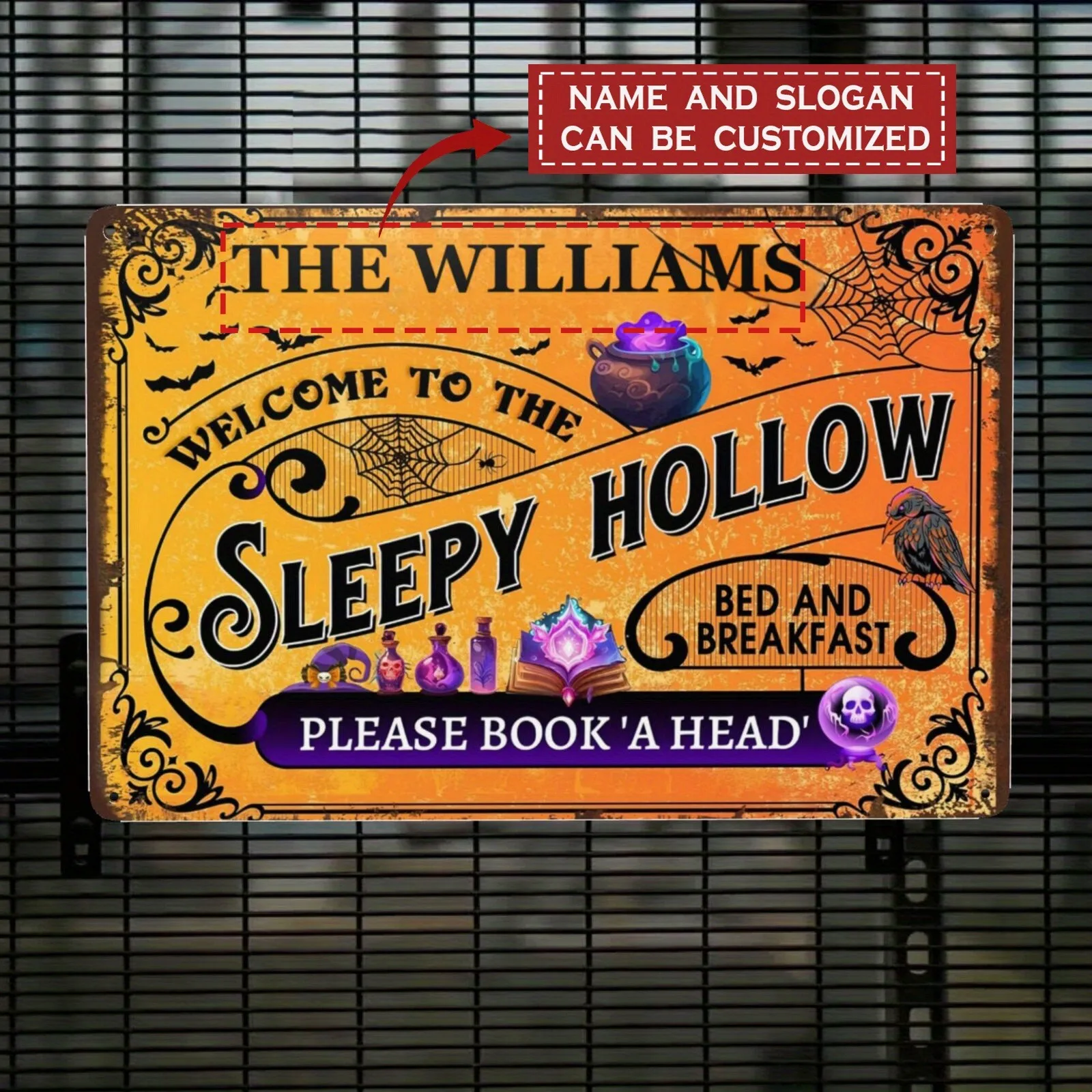 Customizable Halloween 'Sleeping Hole' Yard Sign - Personalized Skeleton Pumpkin And Quirky Decorative Metal Plaque 8x12 Inches