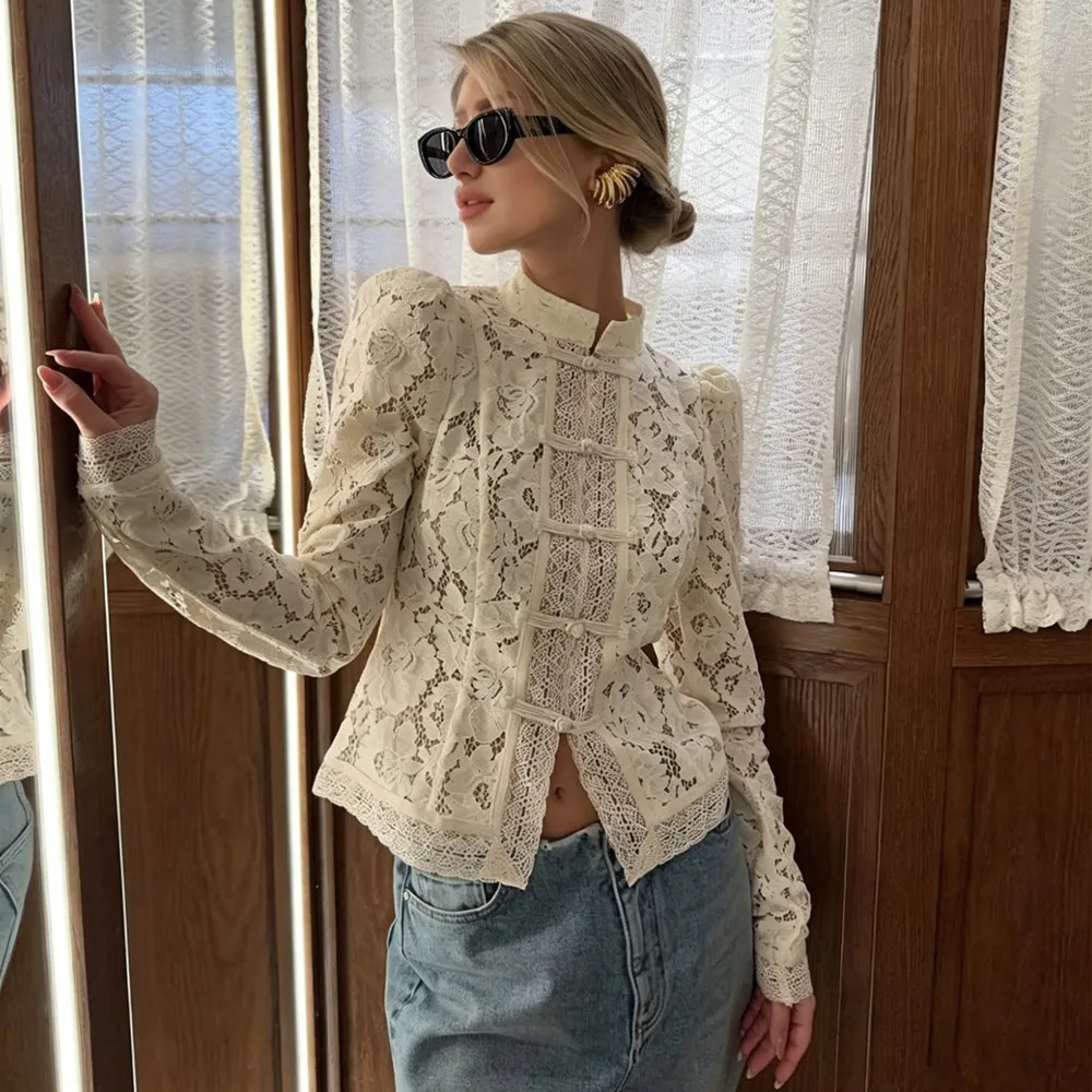 Ladies Vintage Lace Blouse Shirts Women Summer Hollow Out Casual Sand Collar Elegant Embroidery Puff Sleeve Sexy Top Shirts image 3