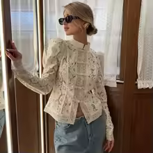 Lace Tops Long Sleeve Embroidered Hollow Out Blouse for Women - Beige
