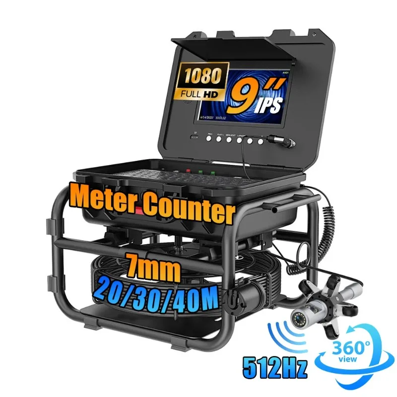 

【2026】360 Rotating Sewer Pipe Inspection Camera, 9" IPS AHD 1080P Screen+32MM Camera Head+Keyboard+DVR 16GB+20-40M Cable+512Hz S
