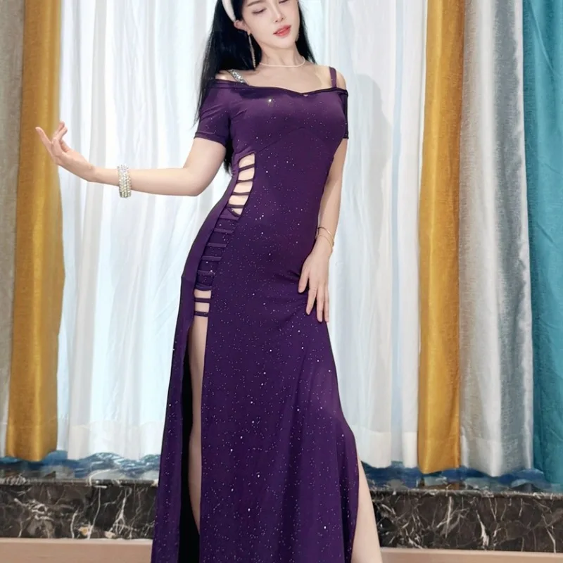 

Индивидуальный наряд для практики танца живота Swegal Eastern, фиолетовое платье с посыпкой и серебряным ледяным шелком, открывающееся талию