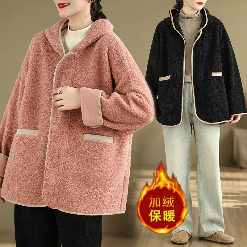 2024 New Arrival Autumn/winter Arts Style Women Loose Casual Long Sleeve Hooded Collar Jackets Single Breasted Outerwear & Coats