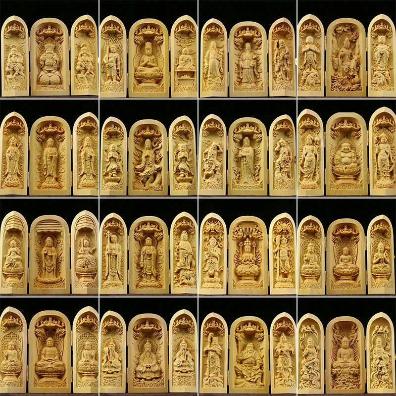 Tibet Buddhism Boxwood Kwan-yin Shakyamuni GuanYin 3 God Buddha Statue Box Folding Buddha Statue Box Home Temple Decor Ornament