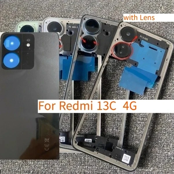 redmi-13c-4g用-バックバッテリーバックカバー（ミドルフレーム、リアドア、カメラレンズ付き）