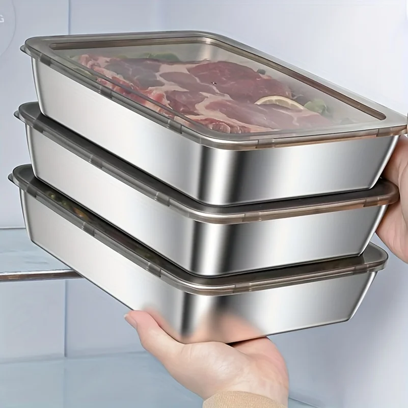 Contenedor de Alimentos de Acero Inoxidable, Plato Rectangular con Tapa, Bandeja para Frutas y Fideos, Lonchera, Plato Organizador Grueso para Refrigerador