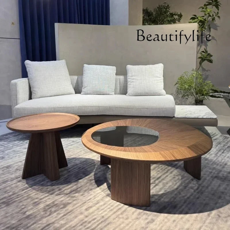 โต๊ะกาแฟไม้เนื้อแข็งสไตล์วินเทจพร้อมกระจกสำหรับห้องนั่งเล่น ดีไซน์วงกลมสองชั้นที่เป็นเอกลักษณ์ โต๊ะกาแฟทันสมัย