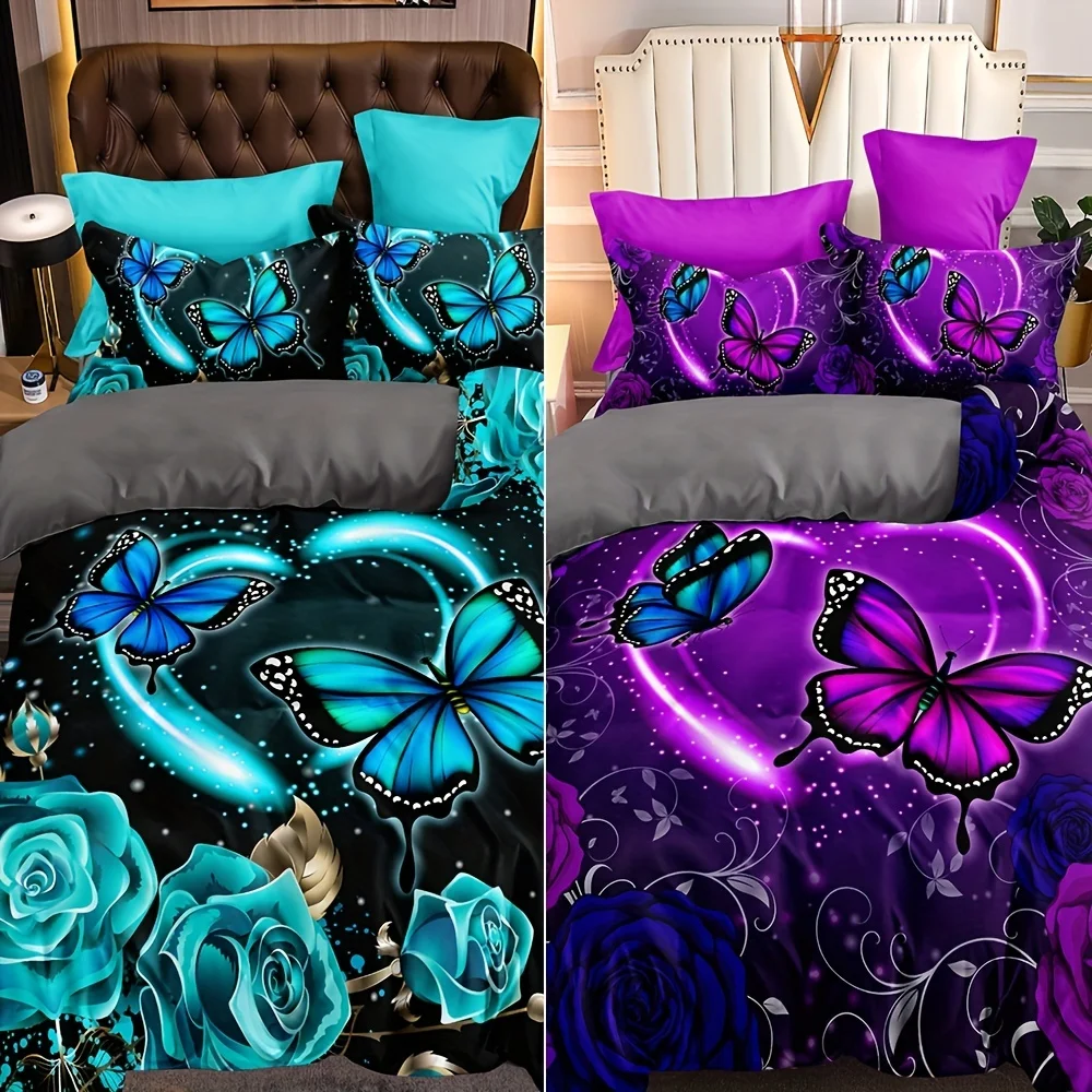 

Vibrant Blue & Purple Breathable Polyester 3pcs Enchanting Butterfly & Rose Floral Duvet Cover Set - Zip Closure, All-Season