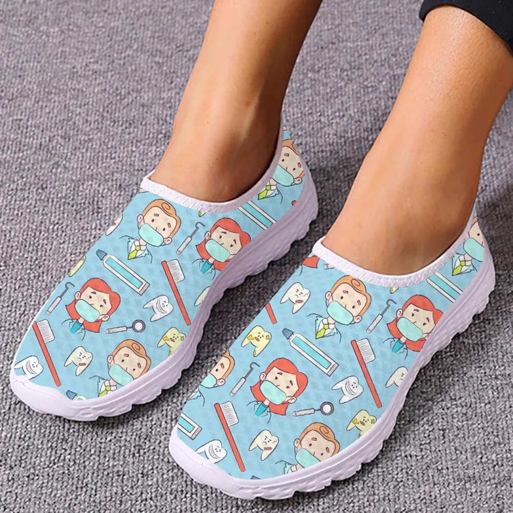 INSTANTARTS Summer Breathable Mesh Sneakers Cartoon Dental Nurse Doctor Print Women's Slip-on Flat Shoes Soft zapatos enfermera