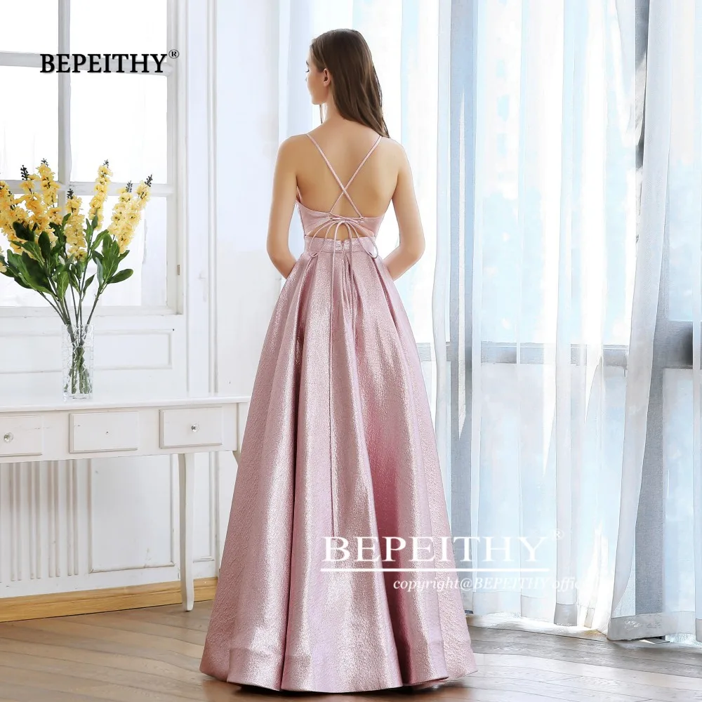 BEPEITHY-vestido de noche rosa con purpurina para mujer, elegante, Sexy, cruzado en la espalda, brillante, para cócteles, línea A, graduación, 2023