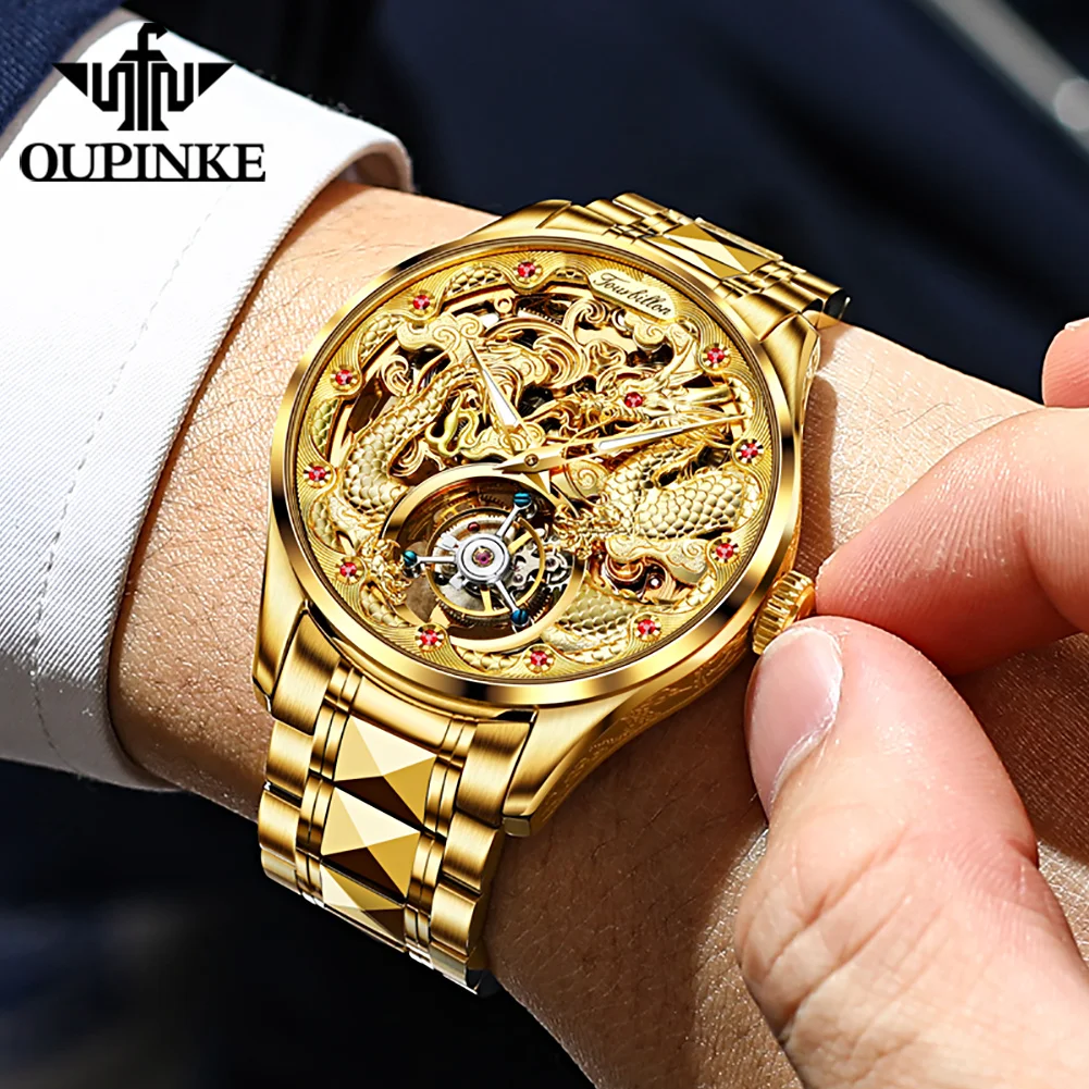 

OUPINKE Top Luxury Men's Watches Original Tourbillon Mechanical Movement Sapphire Mirror Golden Dragon Pattern Dial Ruby Scale