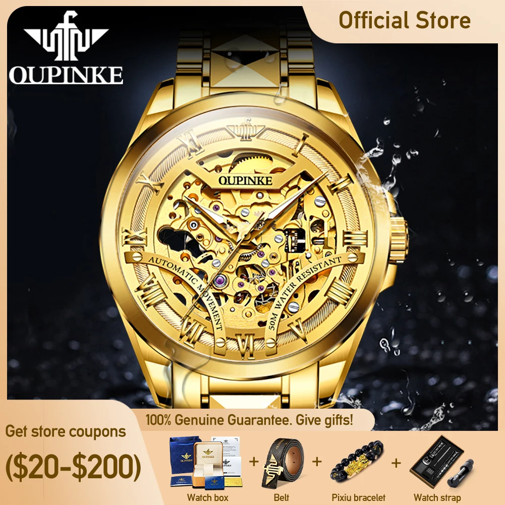 

OUPINKE 3210 High Quality Mens Watch Skeleton Automatic Mechanical Watch Waterproof Watch Stainless Steel Men's Gifts Luxury