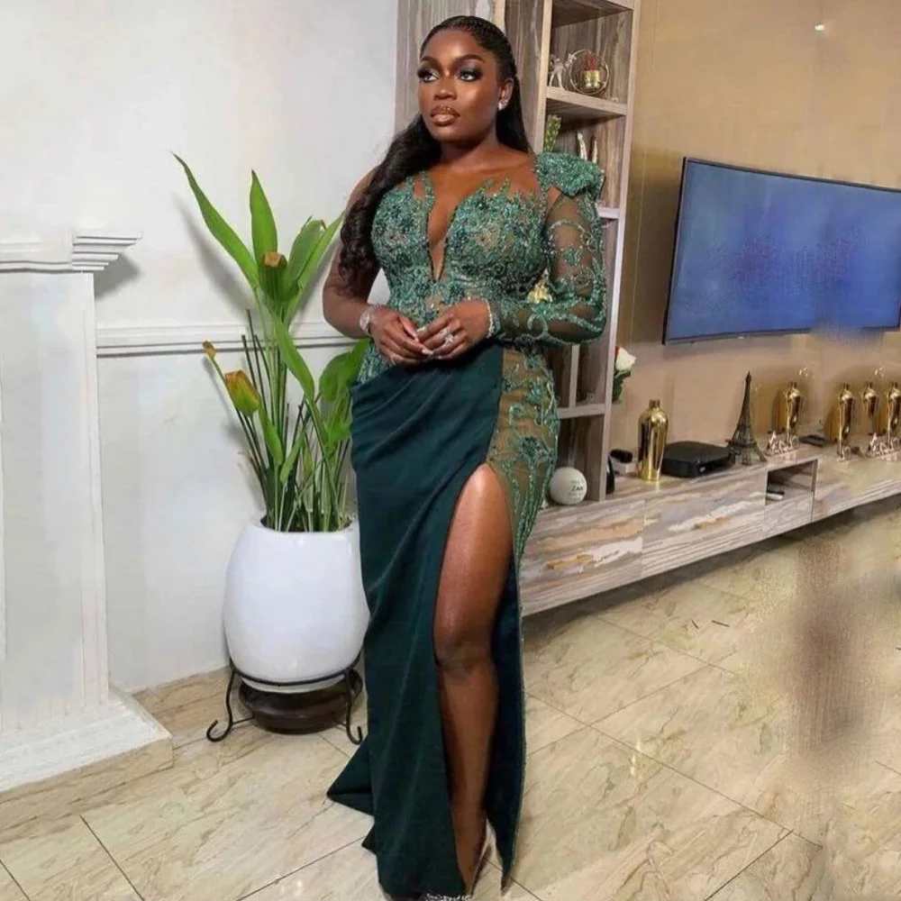 

Aso Ebi Evening Dresses For Women Hunter Green Applique Party Wedding Reception Gowns Mermaid Long Sleeves Prom Dresses Sequin