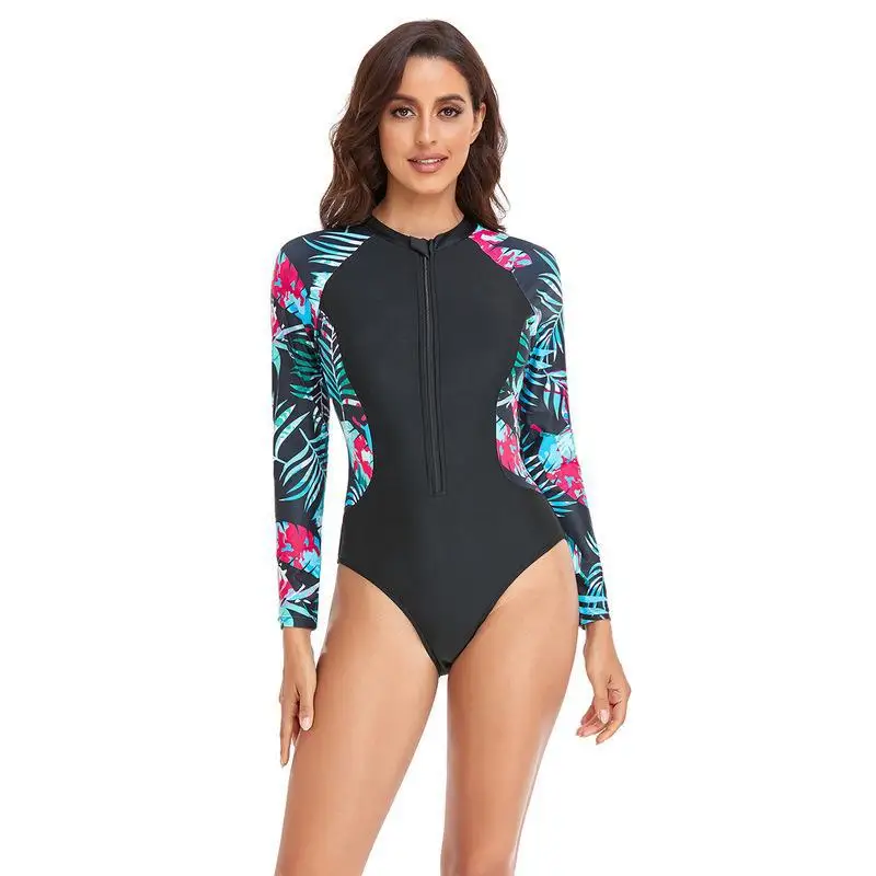 

Bathing Suit Women European And American Swimwear Sexy Tight-fitting Printed Zipper Long-sleeved High-elastic Women's Sports Swi