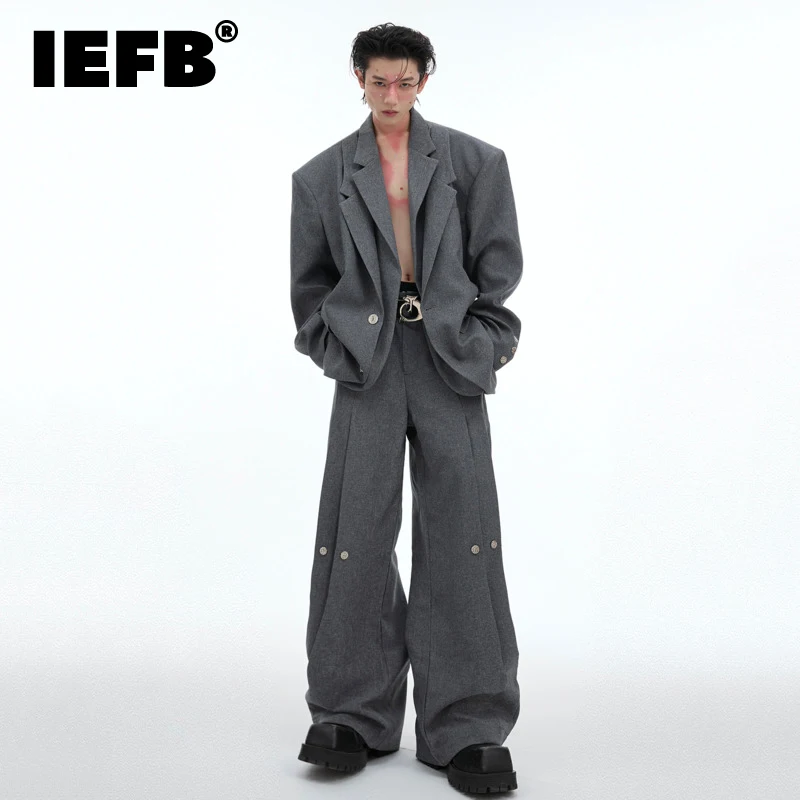 IEFB Korean Style Men\'s Suits Single Breasted Shoulder Pads Double Layers Blazers Pleated Straight Loose Wide Leg Pants 24E2102