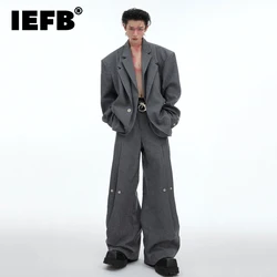 IEFB Korean Style Men's Suits Single Breasted Shoulder Pads Double Layers Blazers Pleated Straight Loose Wide Leg Pants 24E2102