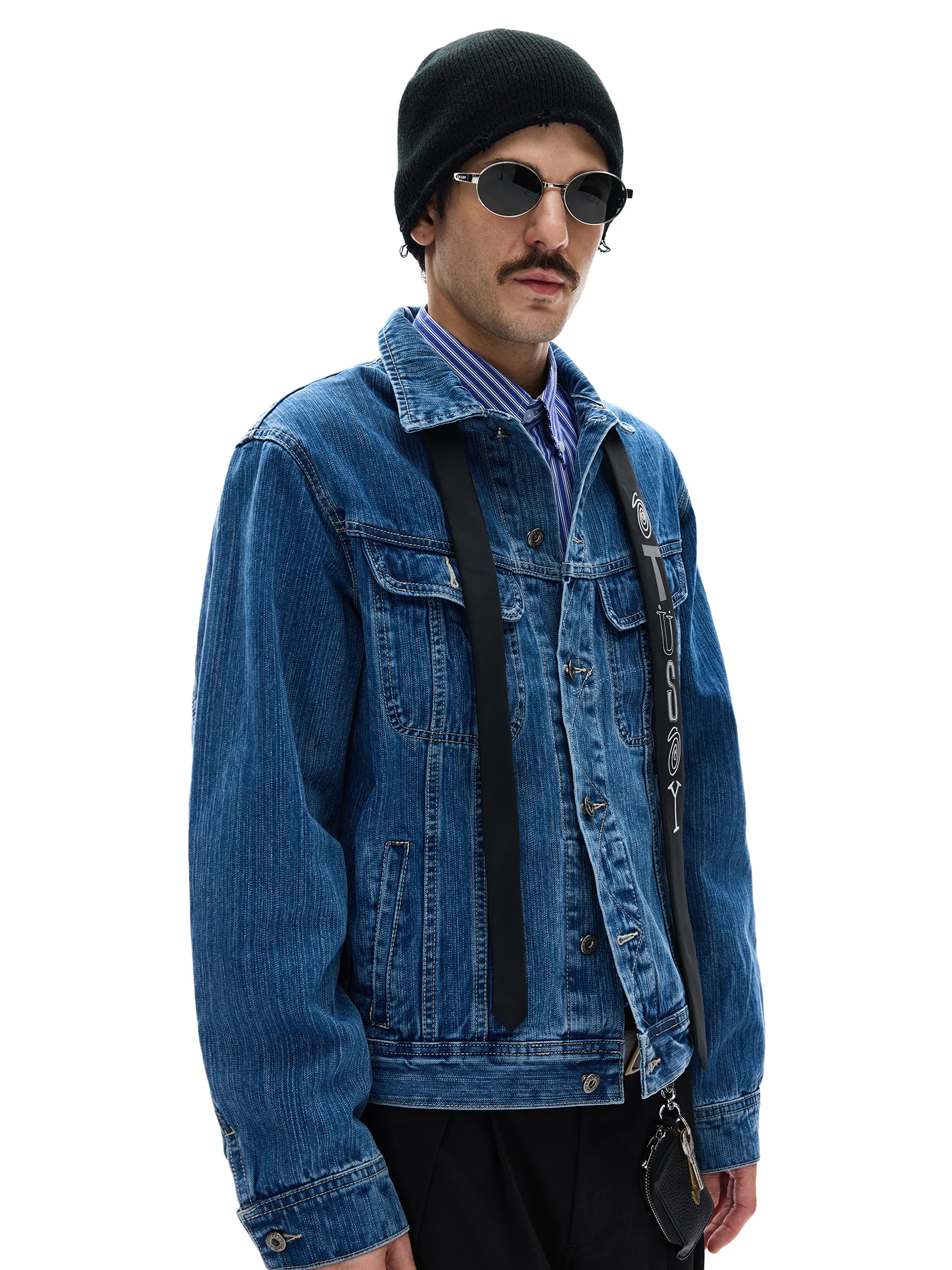 

MADWITCH Vintage Waed Bamboo Pattern Workwear Denim Jaet Loose Casual ex Long Sve Cotton Polyester Jaet