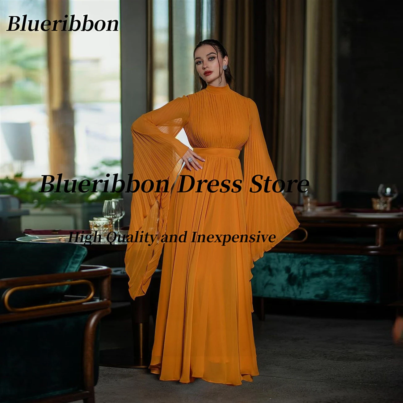 

Blueribbon High Collar Evening Dresses Dubai Party Saudi Women Wear Pleats Long Sleeves Prom Dress Chiffon Holiday Banquet Gowns