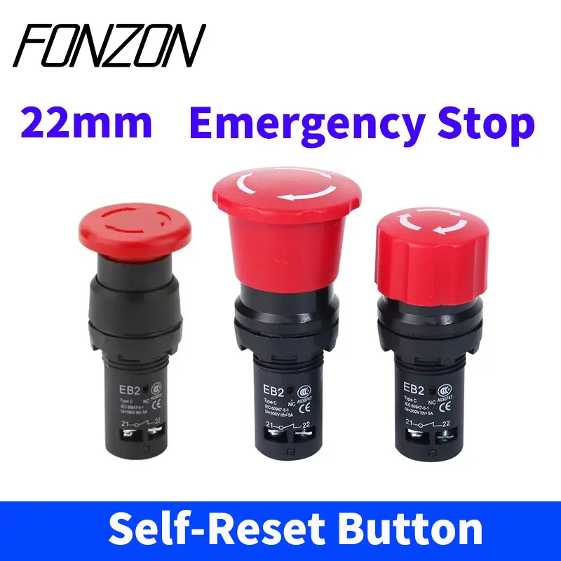 

1Pcs Emergency Stop Button Switch On Off EB2 Series Red Mushroom Head Latching Self-lock e-stop Push Buttons 22mm 5A