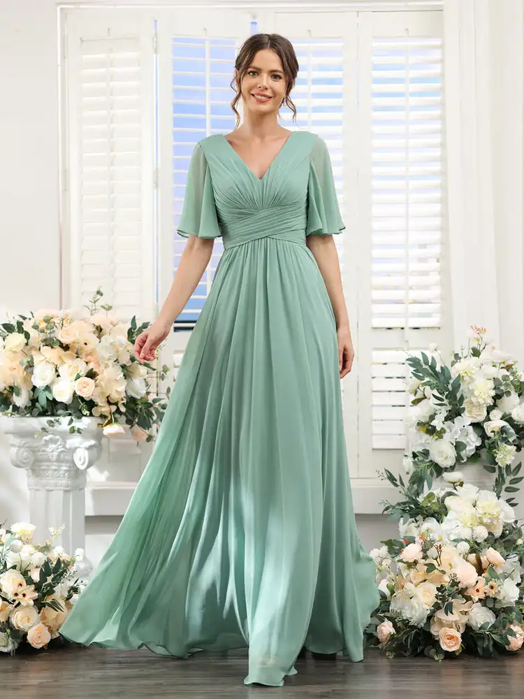 Chiffon V Neck Bridesmaid Dresses A-line Short Sleeves Elegant Evening Gown Plain Ruffles Ruched Lace Up Wedding Guest Dress