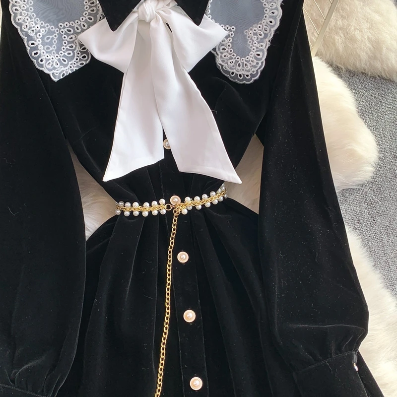 Picture 5: European and American Court Style Lace Shawl Lapel Dress Women's Lace up Waist Cinching Slim Velvet Long Dress