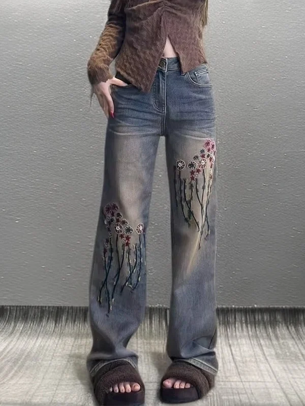 

Джинсы Ele с вышивкой, с высокой талией, широкими штанинами, прямого кроя, с эффектом похудения, весенняя мода, женские, премиум-качество, деним