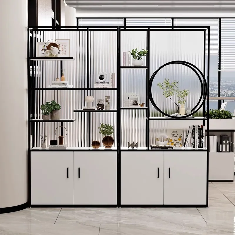 Modern Wrought Iron Glass Floor to Ceiling Bookshelf Tall Display Storage Rack for Living Room Office Study Tea Shelf Decor