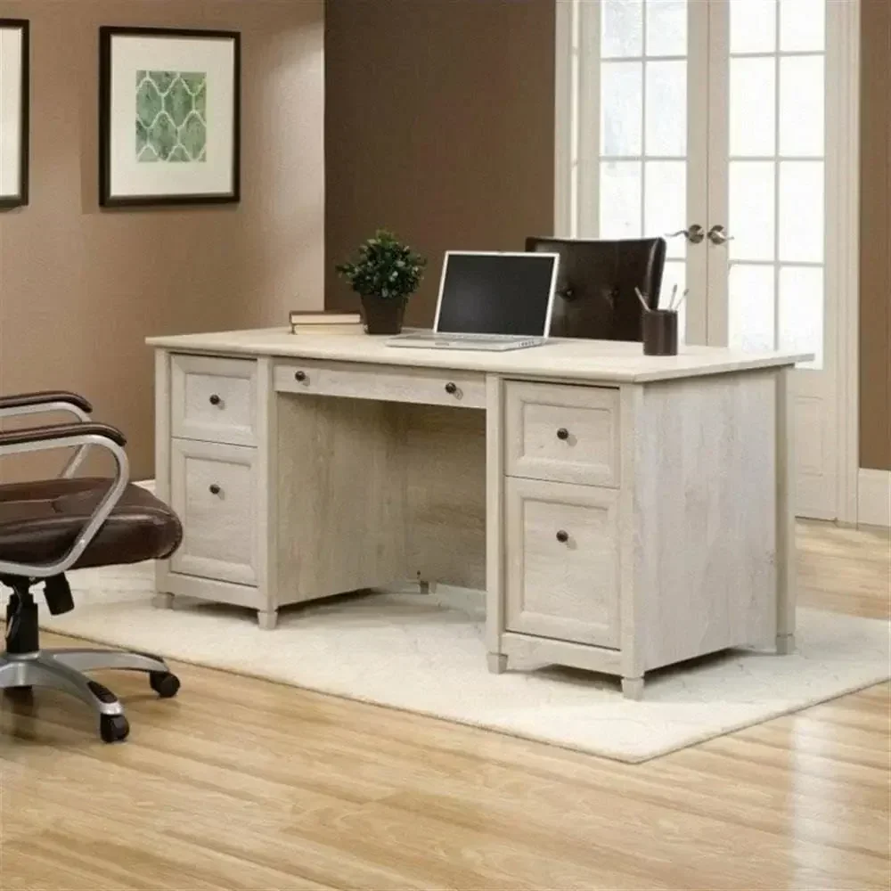 65 Engineered Wood Desk, Chalked Chestnut Finish, 4 Drawers & Keyboard Tray, Ideal for Office or Home Workspace