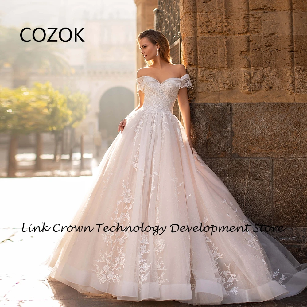 

COZOK Charming Strapless Wedding Dresses with Lace A Line Off Shoulder Bridal Gowns 2024 Summer New Court Train Vestidos De