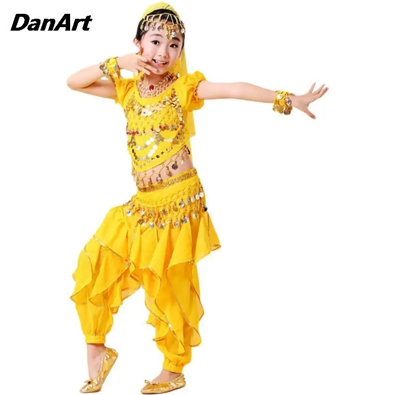 4PCS Girls Sequin Belly Dance Outfit Arabic Halloween Coins Costume Set Children Indian Dance Practice Performance Clothing