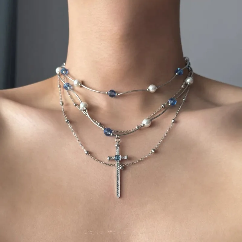 

Cross Pearl Layered Necklace For Women Men Gothic Vintage Cool Hip Hop Street Emo Charm Y2k Jewelry Gift