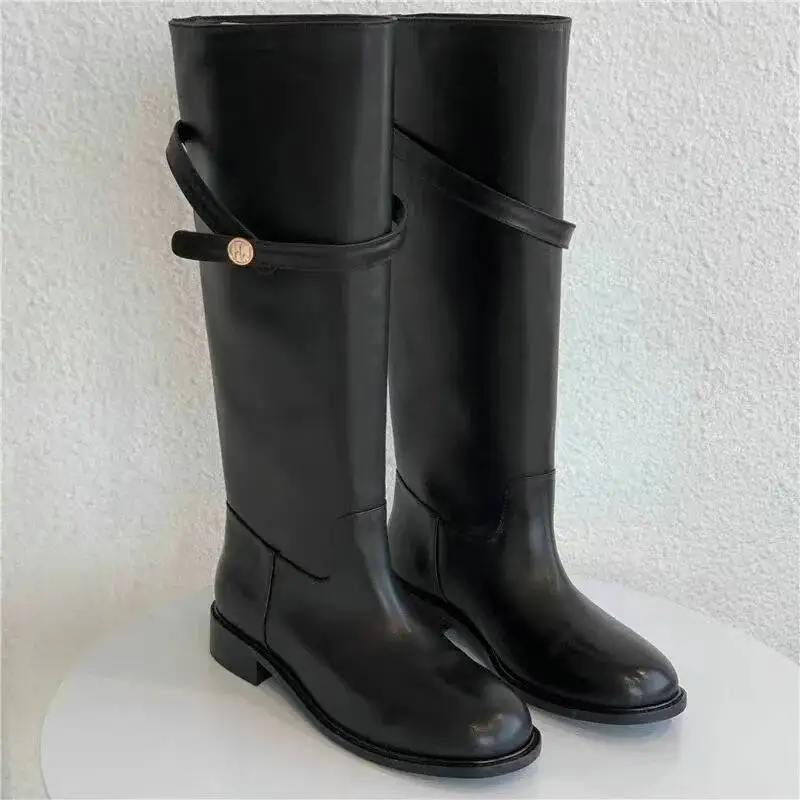 

Women Leather Knight Boots High Vintage Little Gold Buckle Knee-high Boots Women Sleeve Boots