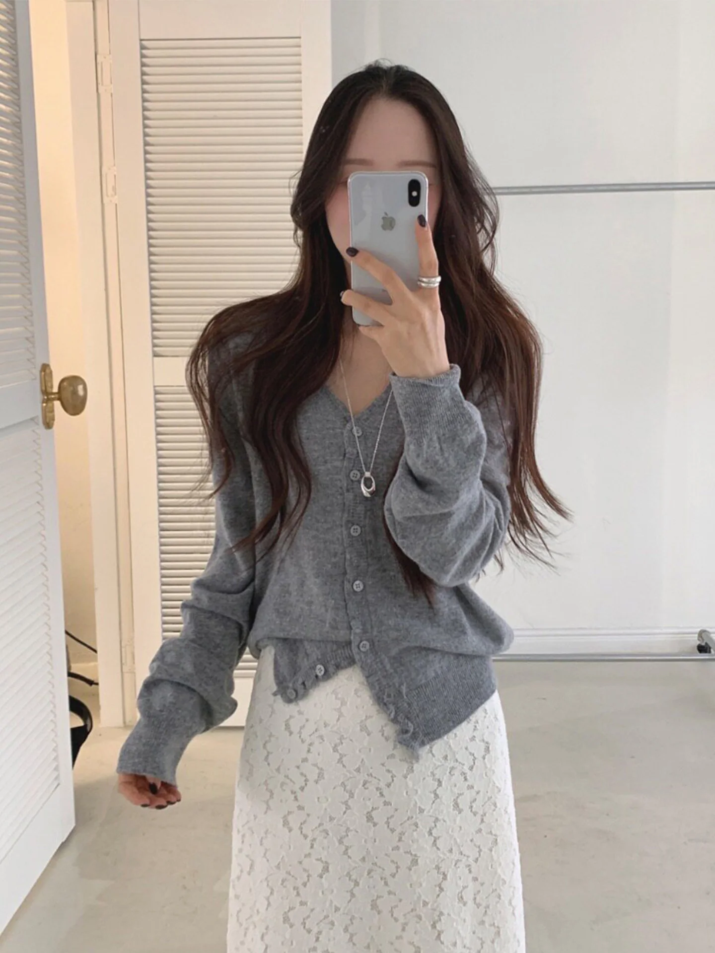 Gentle Style Women's Knitted Long Sleeve Open Cardigan Top Earlet Lace Trim Slimming Sweater Autumn Fashion Anti-Aging
