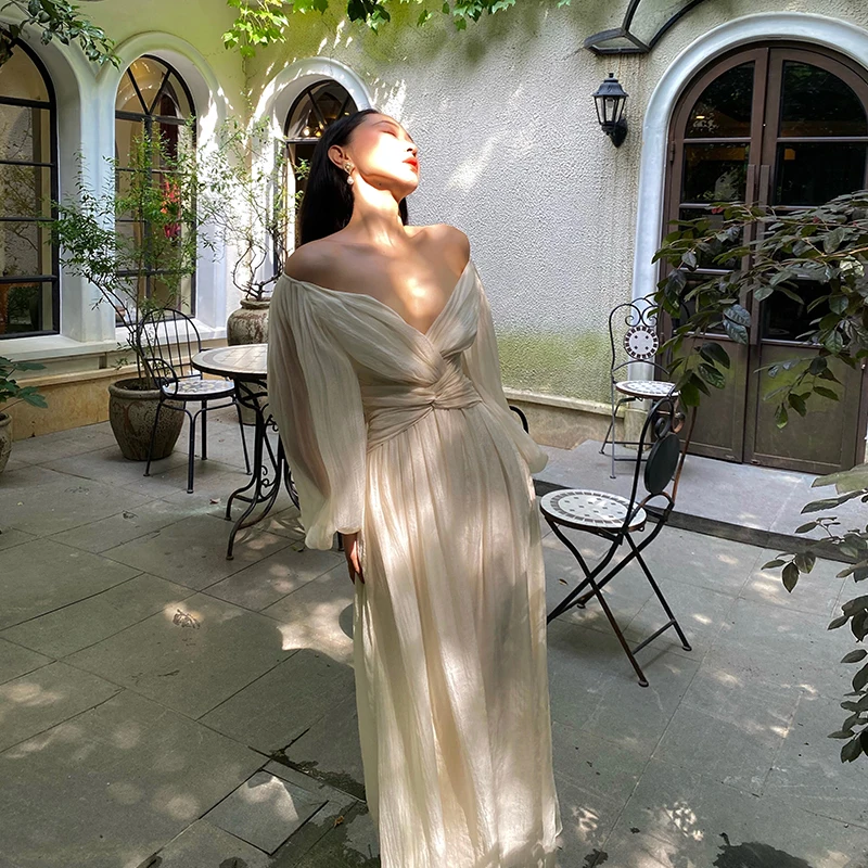 Maxivestidos plisados con cuello en V para mujer, vestidos de fiesta con flecos de encaje, manga abombada, con volantes, elegantes, de verano