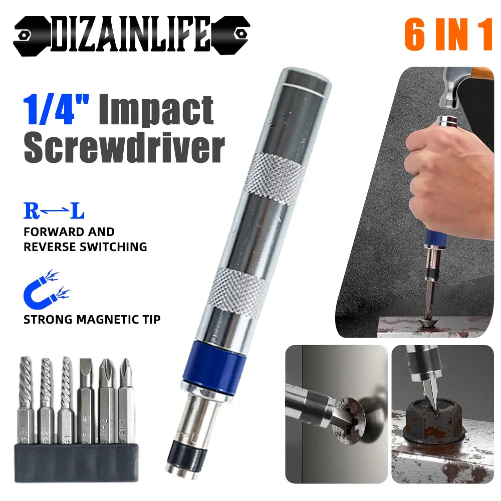 6 in 1 Impact Screwdriver 1/4 Inch Drill Bit Stripped Rusted Stuck Broken Remover Damaged Screw Extractor Set Repair Tool