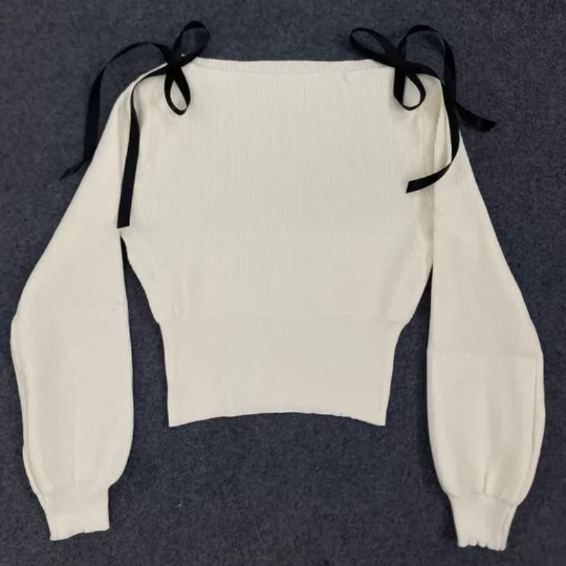 

Korean Style Women's Sweet Sexy Slim Long Sleeved Sweater Solid Color Off shoulder Bow Accessory Autumn Winter Casual Outfit