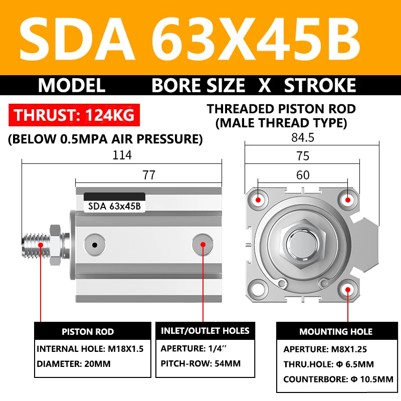 ABILKEEN SDA63X45B SDA Series Thin Air Cylinder 63MM Male Thread Bore X 45MM Stroke Double Acting Pneumatic Compact Cylinder