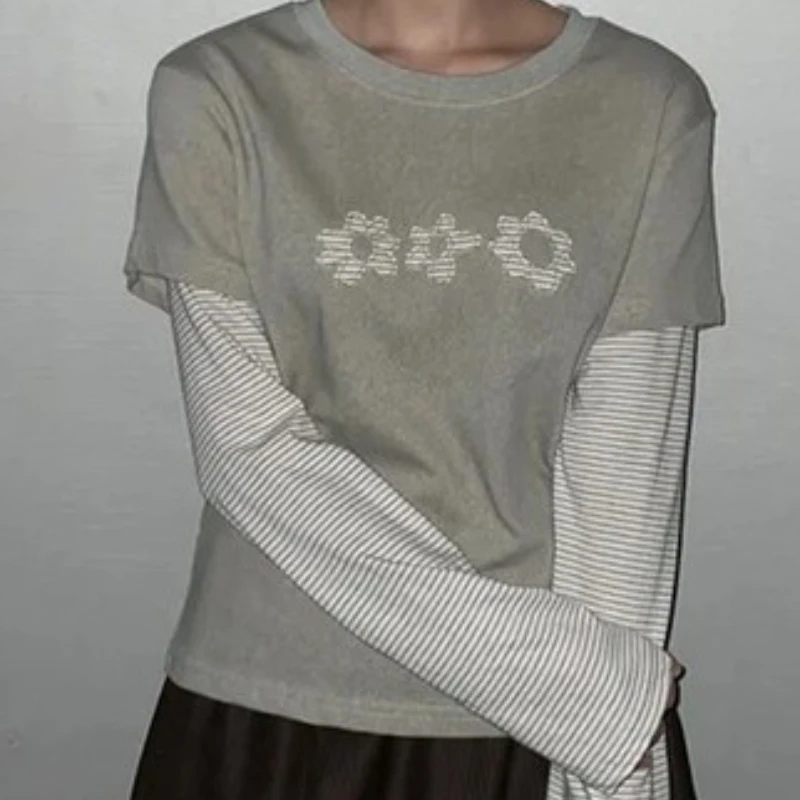 التباين اللون الشارع الرجعية الزهور خياطة كامي سيتا شيك عادية تي شيرت رو با مخطط التخسيس كاذبة قطعتين كم طويل #2